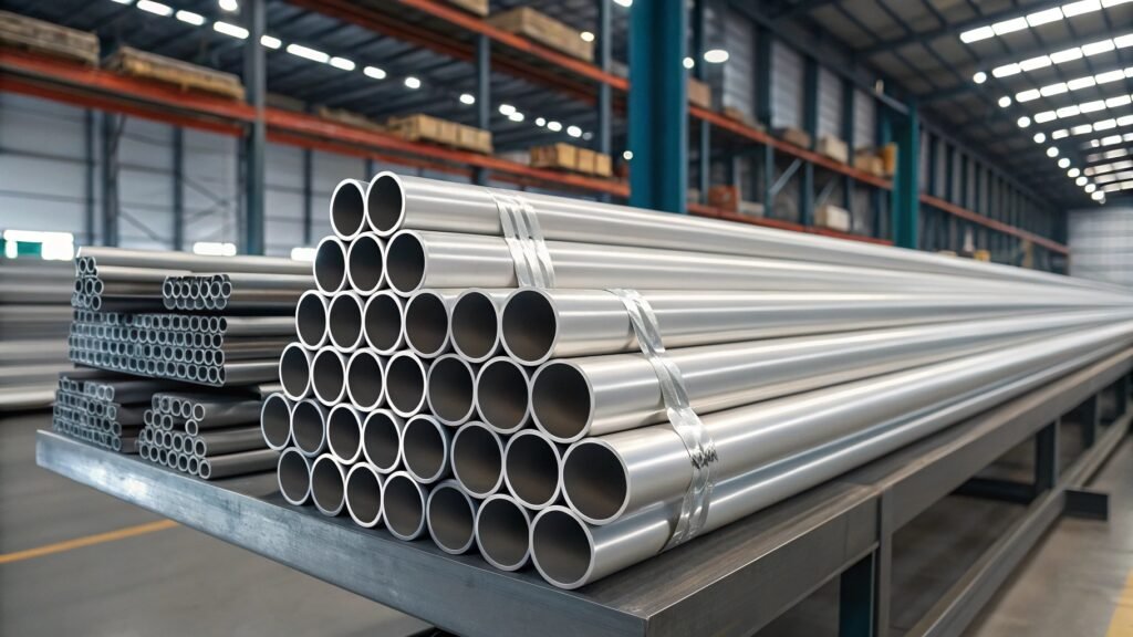 alt text: Warehouse aisle stocked with various metal tubing profiles