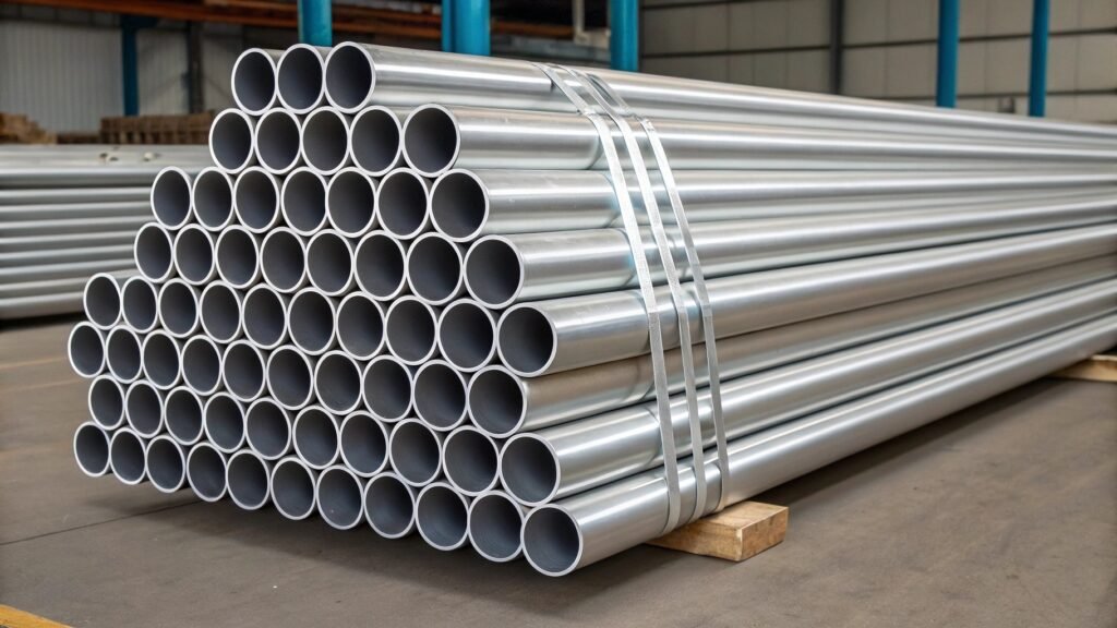 alt text: Stack of 6061-T6 aluminum pipes ready for use