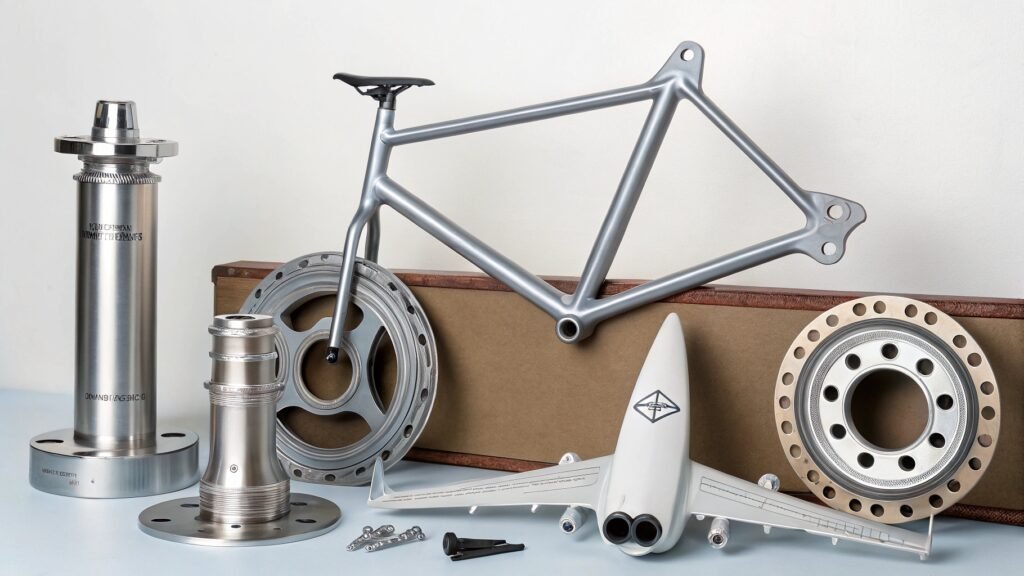 alt with keywords: various products made from 6061 aluminum alloy, like pipes, structural beams, and machined parts